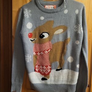Gray Reindeer Holiday Sweater with Red Scarf